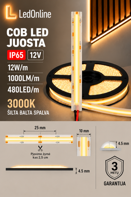 Klijuojama COB LED juosta 12V 12W/m 480 LED/m 3000K IP65 – šiltai balta, 10 mm