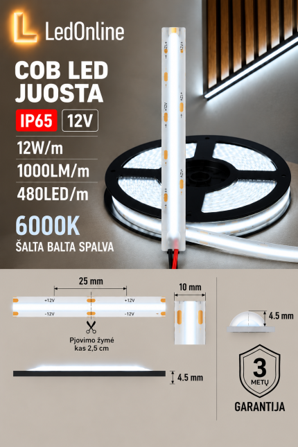 Klijuojama COB LED juosta 12V 12W/m 480 LED/m 6000K IP65 – šaltai balta, 10 mm