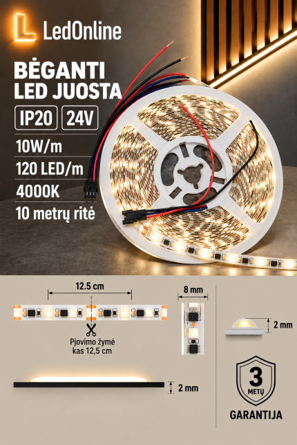 Bėganti LED juosta 24V 10W/m 120 LED/m 4000K IP20 8mm – 10 metrų ritė
