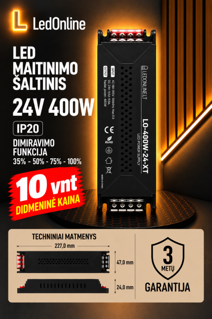 LED maitinimo šaltinis 24V 400W 16,66A IP20 su 4 pakopų šviesos reguliavimo funkcija (35 %, 50 %, 75 %, 100 %). Juodas, kompaktiškas transformatorius, 3 metų garantija. LedOnline didmeninė prekyba nuo 10 vnt.