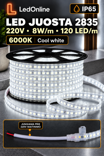 Klijuojama LED juosta 2835, 220V, 8W/m, 120 LED/m, 6000K, IP65 – šaltai balta 4 × 10mm