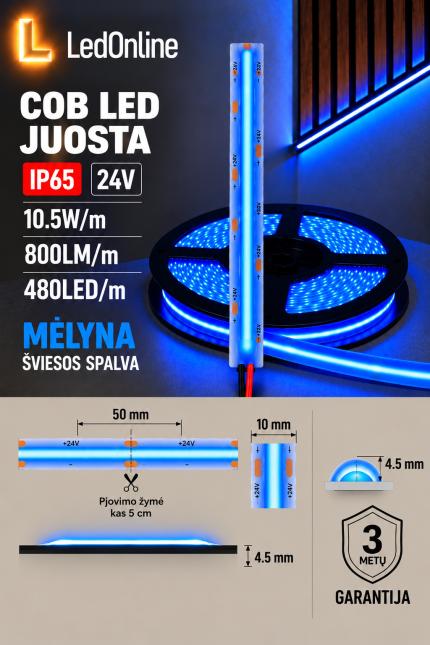 Klijuojama COB LED juosta 24V 10,5W/m 480 LED/m mėlyna IP65 – 10 mm