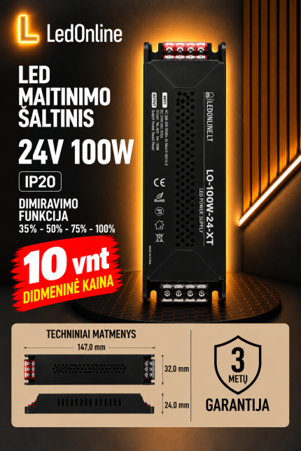 LED maitinimo šaltinis 24V 100W 4,2A IP20 su 4 pakopų šviesos reguliavimo funkcija (35 %, 50 %, 75 %, 100 %). Juodas, kompaktiškas transformatorius, 3 metų garantija. LedOnline didmeninė prekyba nuo 10 vnt.