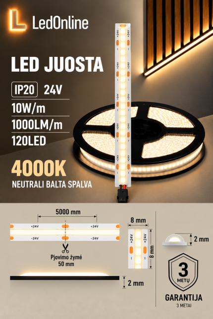 LED juosta 24V 10W/m 120 LED/m 4000K IP20 – didmeninė kaina perkant 100 metrų, urminė LED juostų prekyba, LedOnline.lt
