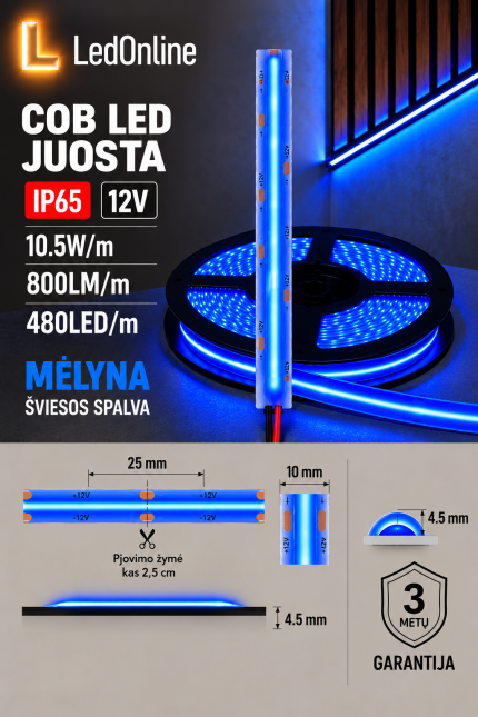 Klijuojama COB LED juosta 12V 10,5W/m 480 LED/m Mėlyna IP65 – 10 mm