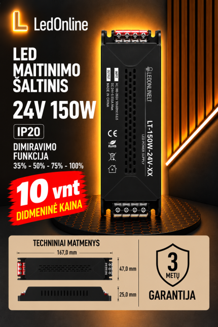 LED barošanas avots 24V 150W 6,25A IP20 ar 4 pakāpju gaismas regulēšanas funkciju (35 %, 50 %, 75 %, 100 %). Melns, kompakts transformators, 3 gadu garantija. LedOnline vairumtirdzniecība no 10 gab.