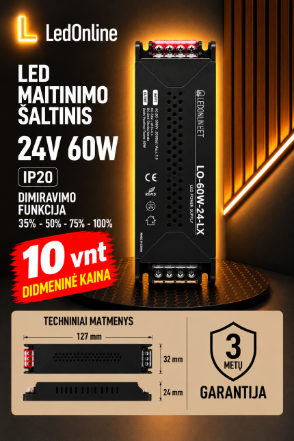 LED maitinimo šaltinis 24V 60W 2,5A IP20 su 4 pakopų šviesos reguliavimo funkcija (35 %, 50 %, 75 %, 100 %). Juodas, kompaktiškas transformatorius, 3 metų garantija. LedOnline didmeninė prekyba nuo 10 vnt.