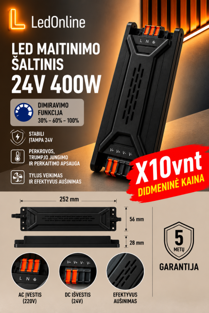 LED barošanas avots 24V 400W ar 3 pakāpju gaismas regulēšanu (30 %, 60 %, 100 %). Vairumtirdzniecības cena no 10 gab., 5 gadu garantija. LedOnline.lt