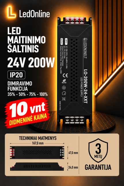 LED barošanas avots 24V 200W 8,3A IP20 ar 4 pakāpju spilgtuma regulēšanas funkciju (35 %, 50 %, 75 %, 100 %). Melns, kompakts transformators, 3 gadu garantija. LedOnline vairumtirdzniecība no 10 gab.