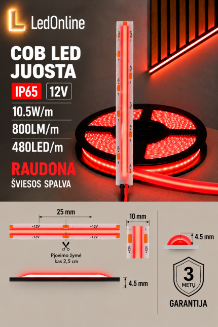 Klijuojama COB LED juosta 12V 10,5W/m 480 LED/m Raudona IP65 – 10 mm