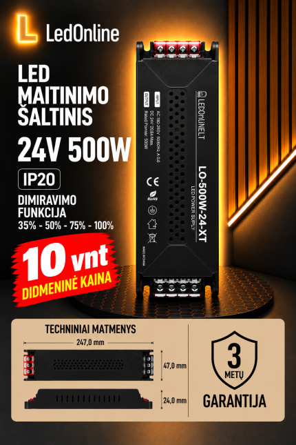 LED barošanas avots 24V 500W 20,8A IP20 ar 4 pakāpju spilgtuma regulēšanas funkciju (35 %, 50 %, 75 %, 100 %). Melns, kompakts transformators, 3 gadu garantija. LedOnline vairumtirdzniecība no 10 gab.