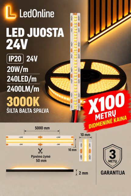 LED juosta 24V 20W/m 240 LED/m 3000K IP20 – didmeninė kaina perkant 100 metrų, urminė LED juostų prekyba, LedOnline.lt