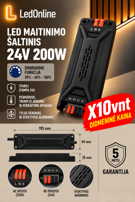 LED barošanas bloks 24V 200W ar 3 pakāpju gaismas regulēšanu (30 %, 60 %, 100 %). Vairumtirdzniecības cena no 10 gab., 5 gadu garantija. LedOnline.lt