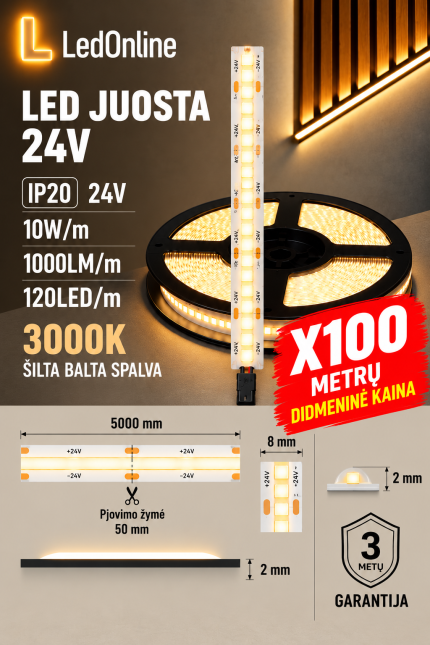 LED juosta 24V 10W/m 120 LED/m 3000K IP20 – didmeninė kaina perkant 100 metrų, urminė LED juostų prekyba, LedOnline.lt