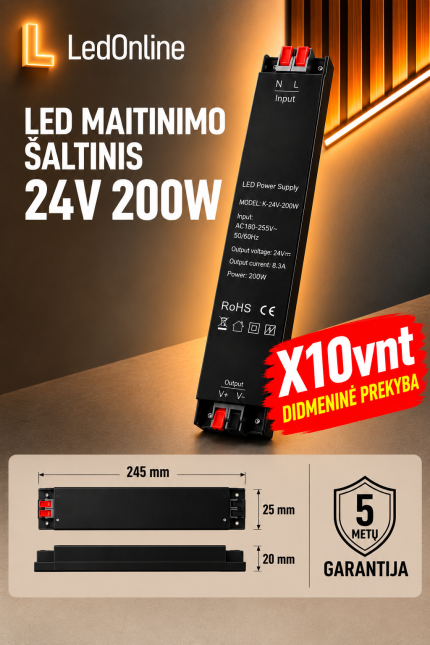 LED barošanas avots 24V 200W 8,3A, melns, kompakts, vairumtirdzniecība no 10 gab., 5 gadu garantija – LedOnline.lt.