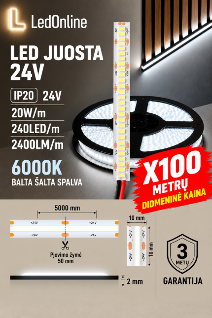 LED juosta 24V 20W/m 240 LED/m 6000K IP20 – didmeninė kaina perkant 100 metrų, urminė LED juostų prekyba, LedOnline.lt