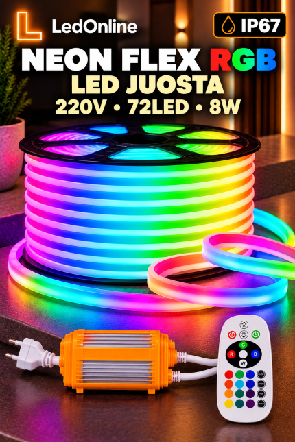 NEON FLEX RGB LED juosta 220V 8W/m 72 LED/m IP67 – 8 × 16 mm