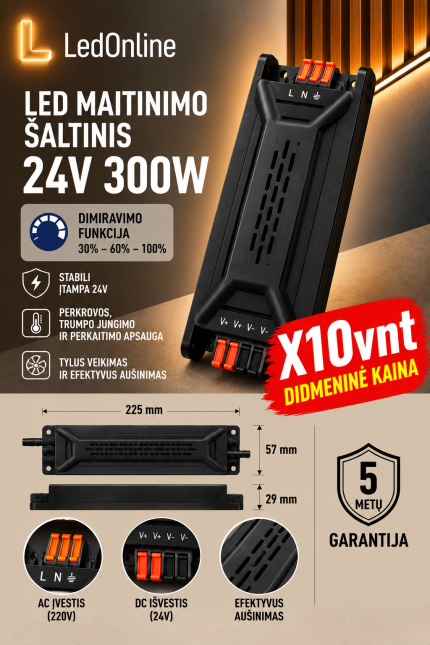 LED barošanas bloks 24V 300W ar 3 pakāpju gaismas regulēšanu (30 %, 60 %, 100 %). Vairumtirdzniecības cena no 10 gab., 5 gadu garantija. LedOnline.lt