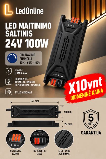 LED barošanas avots 24V 100W ar 3 pakāpju spilgtuma regulēšanu (30 %, 60 %, 100 %). Vairumtirdzniecības cena no 10 gab., 5 gadu garantija. LedOnline.lt
