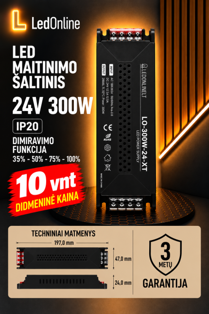 LED barošanas avots 24V 300W 12,5A IP20 ar 4 pakāpju gaismas regulēšanas funkciju (35 %, 50 %, 75 %, 100 %). Melns, kompakts transformators, 3 gadu garantija. LedOnline vairumtirdzniecība no 10 gab.